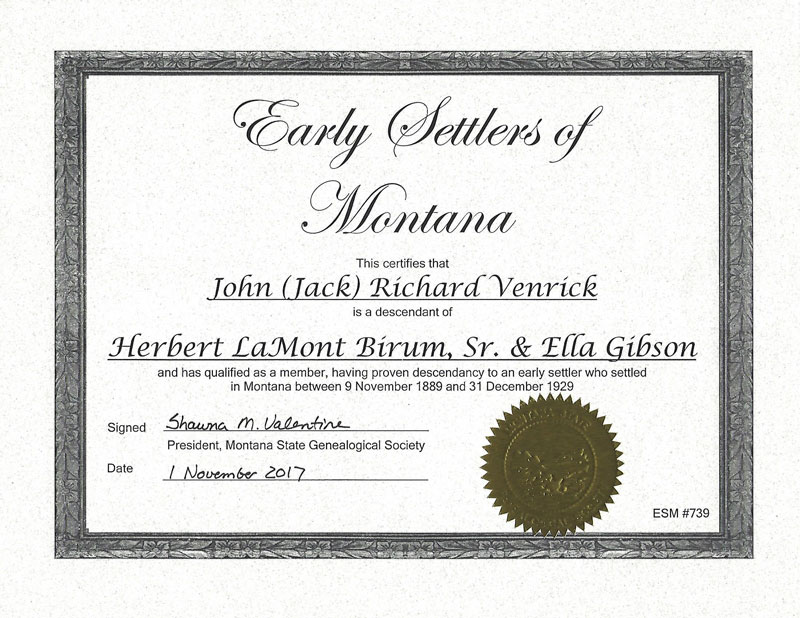 Jack Venrick Montana Early Settler Certificate