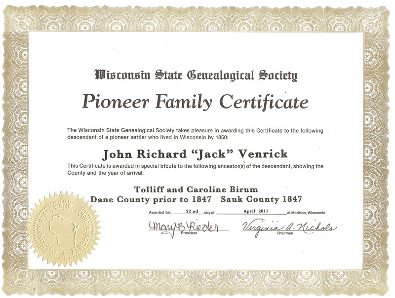 Jack Venrick Pioneer Family Wisconsin State